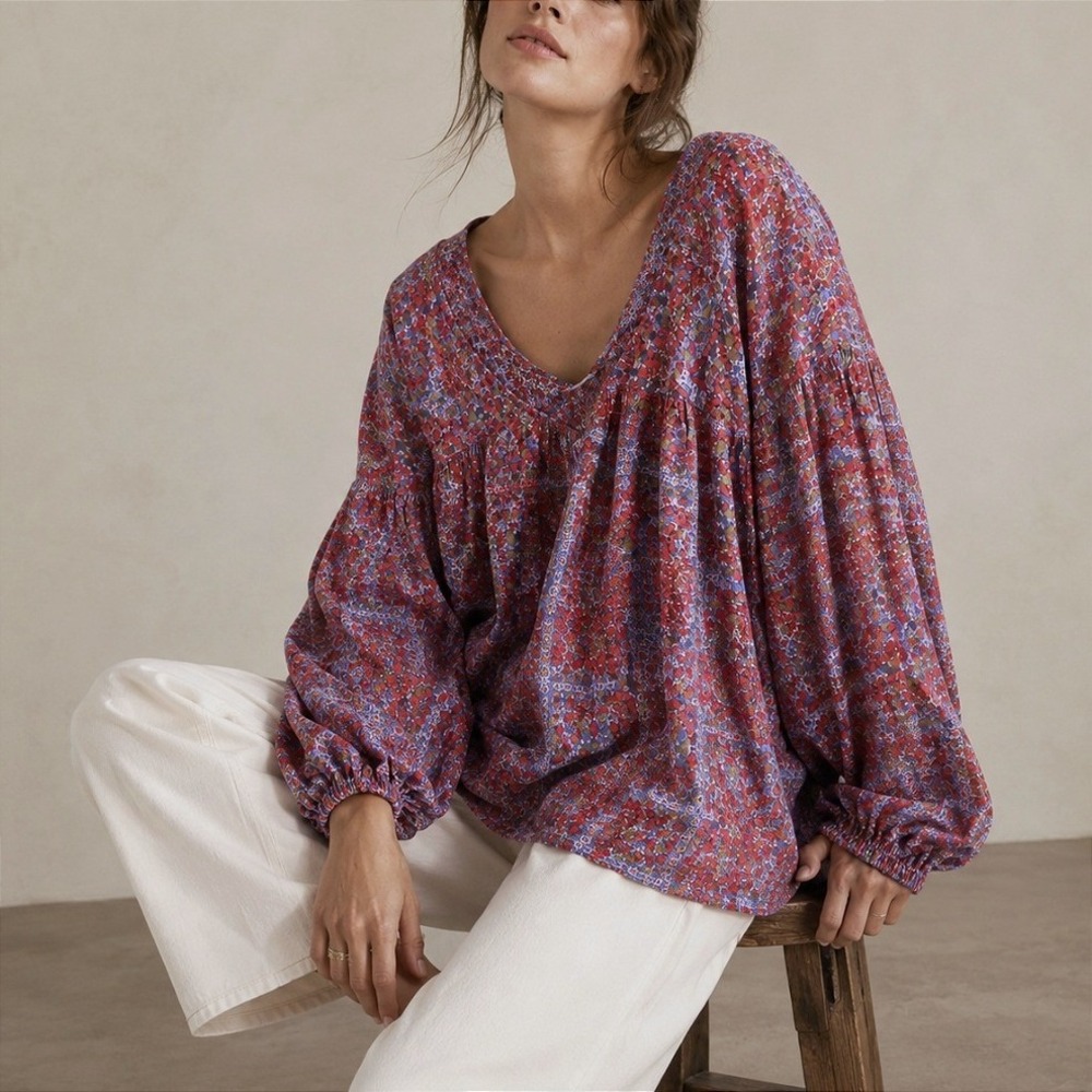 Floral Balloon Sleeve Blouse Large Red Blue Boho Peasant Top Cottage Romantic